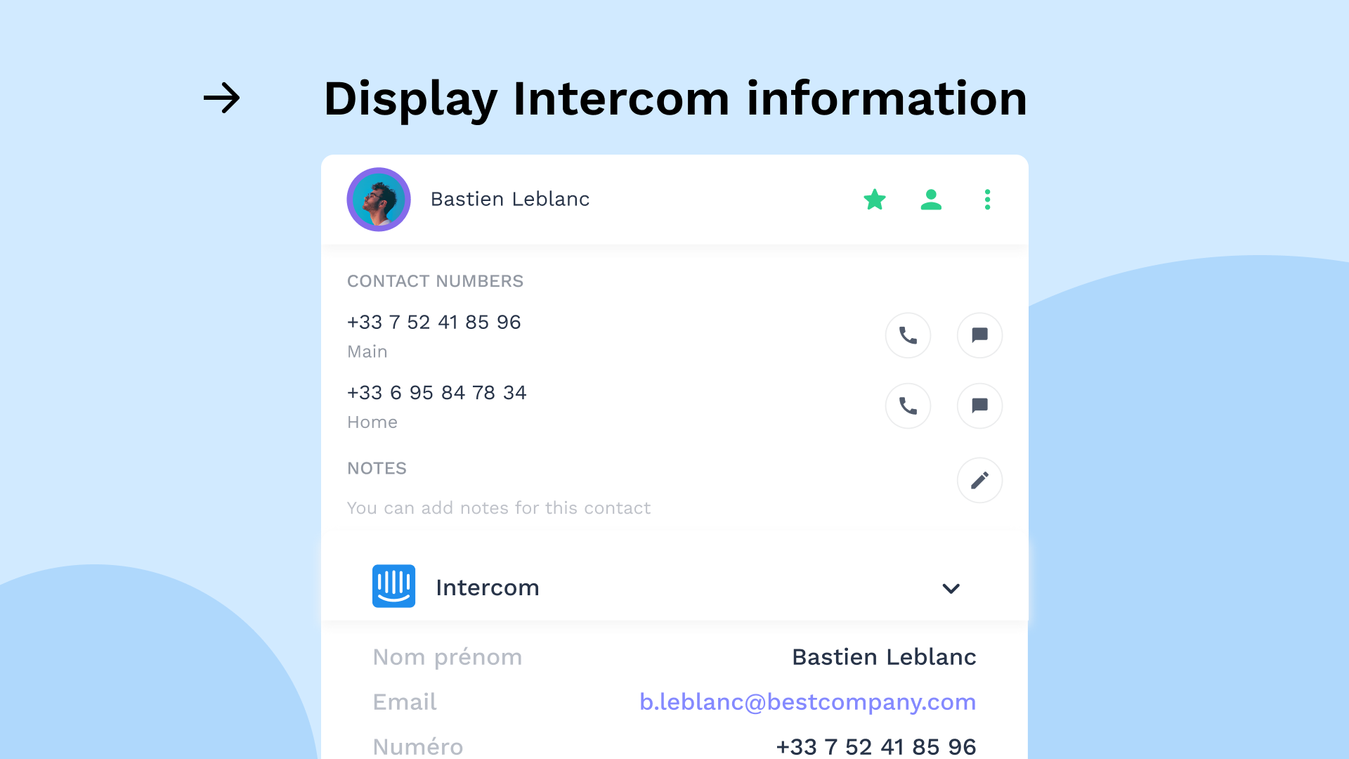 Intégration Intercom avec Onoff Business-Affichez les informations Intercom de vos contacts