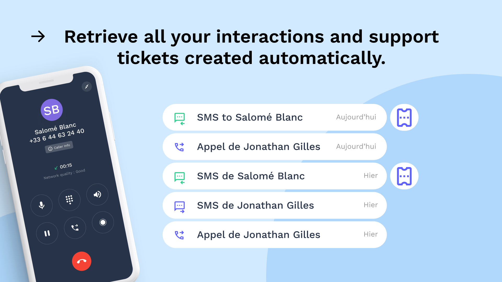 Integration Intercom avec onoff business - Historique des interactions et tickets support automatiquement créés 