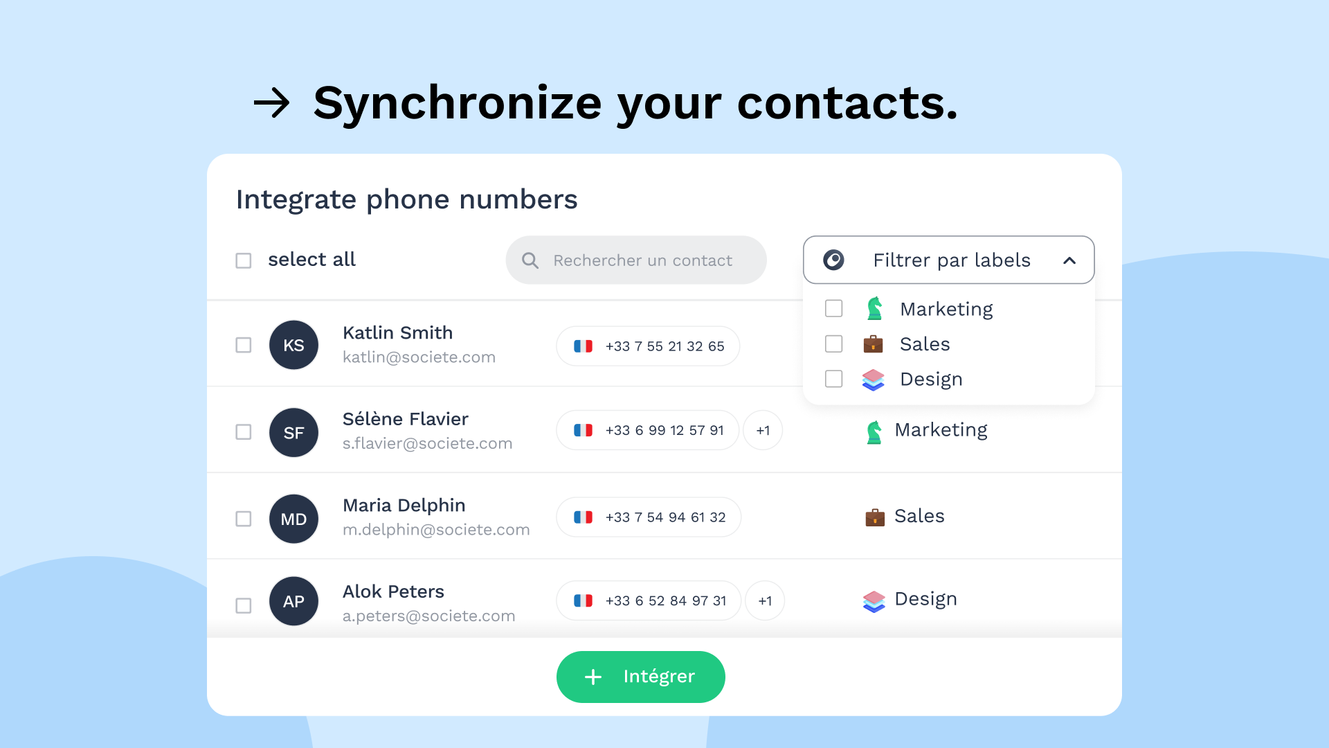 Intégration Intercom avec Onoff Business-Synchroniser les contacts