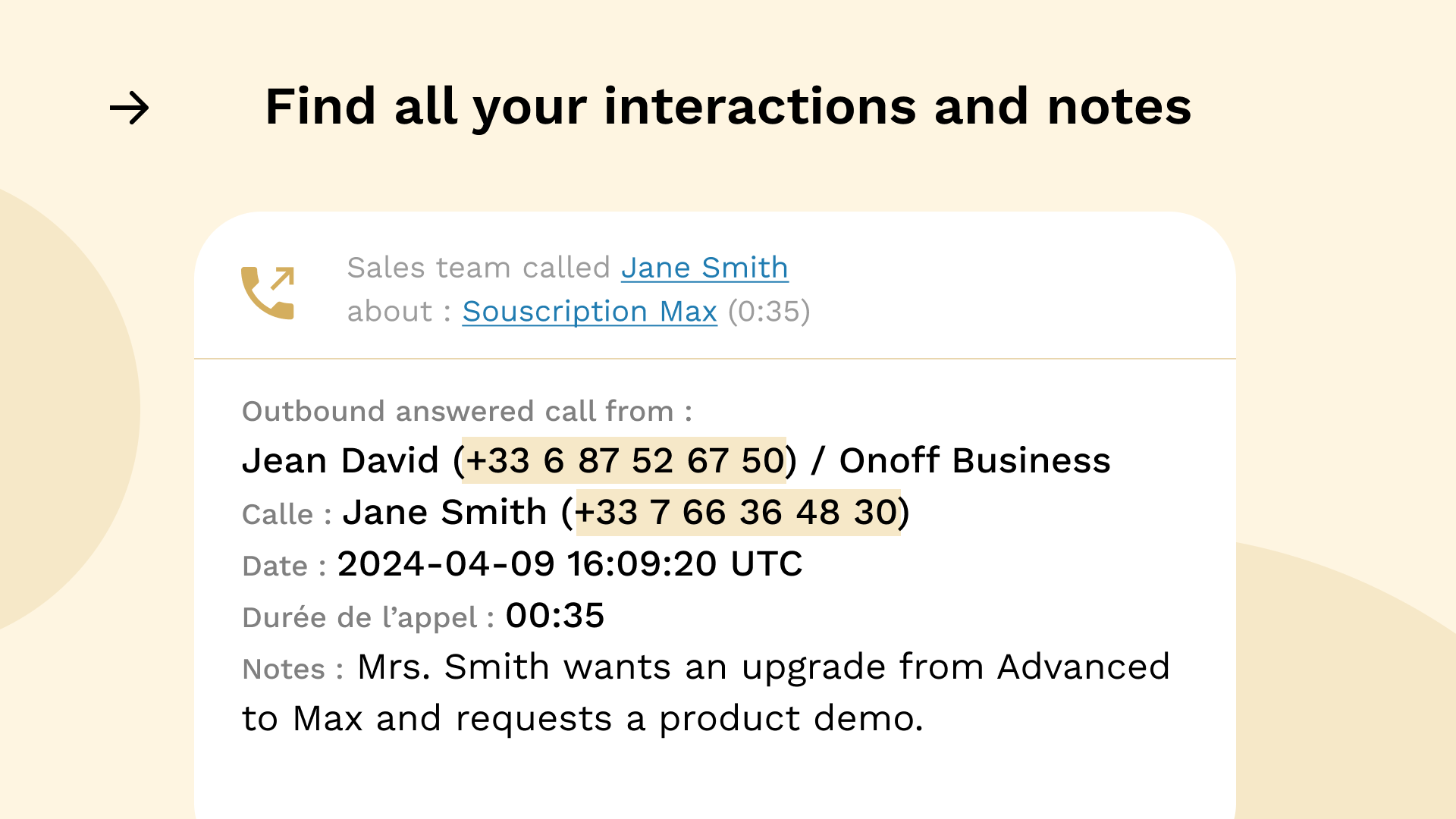 Integration Zendesk Sell et Onoff Business - Enregistrez automatiquement toutes les interactions dans Zendesk Sell.